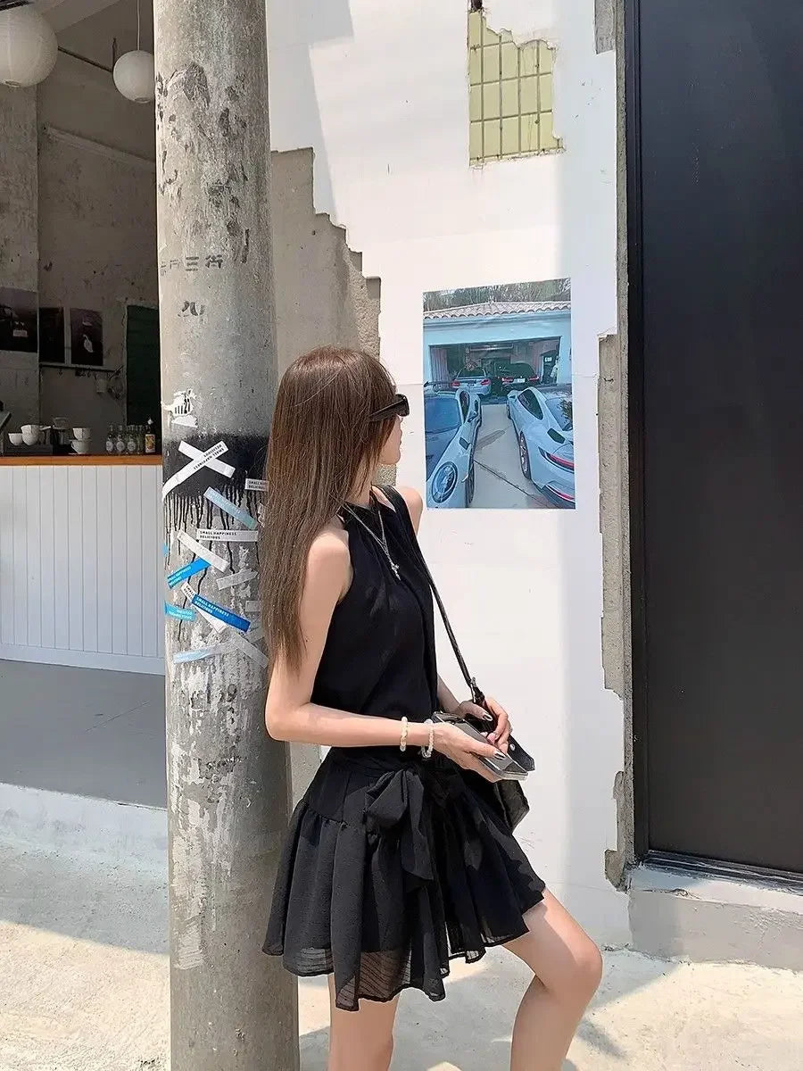 French Style Off-Shoulder Blue Summer Dress Women's Fashion Knot Waist A- Line Mini Skirt Black Short Skirt Sleeveless Gown
