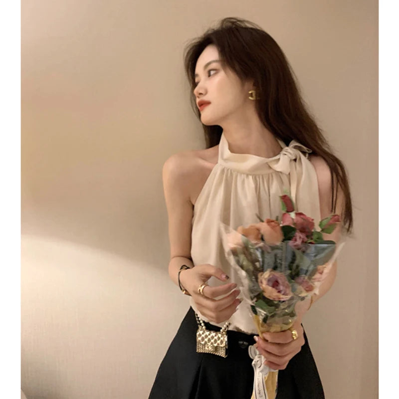 Korean Sle Pure Desire oulder Bared Chiffon Top Women's Summer Ne Hanging Belted Svel round Ne Dr