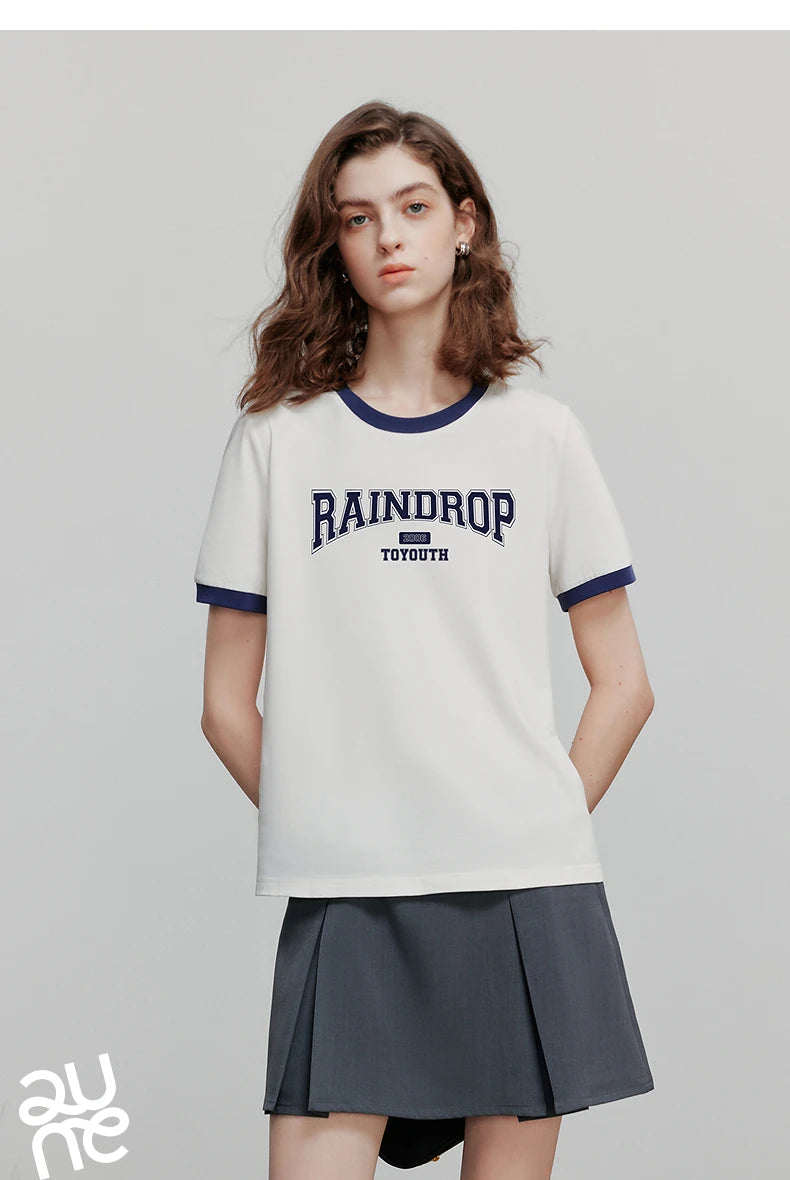 TOYOUTH Women Short Sleeve T shirt 2025 Summer New Color Blocked Letter American Style Antibacterial Cotton Tops GT5210004