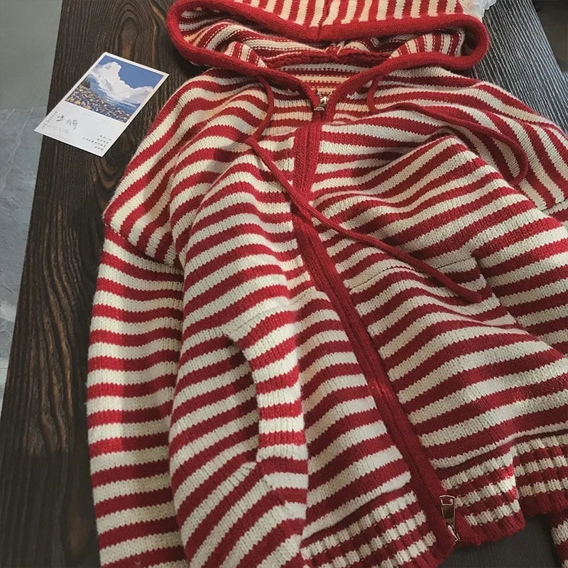 Contrast Color Stripe Hood Knit Cardigan Women Autumn and Winter New Loose Design Sense Long Sleeve Cardigan Sweater Outerwear