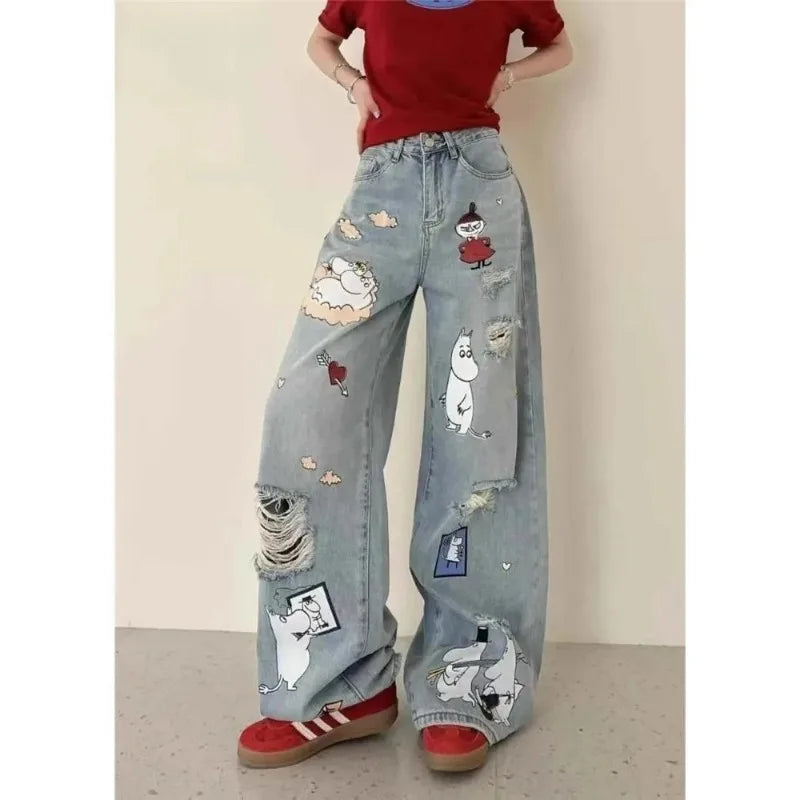 Women's Casual Sweet Ripped Harajuku Loose Fit Jeans Vintage Y2K Damage Emo Cartoon Print Pants Trashy Kpop Denim Trouser