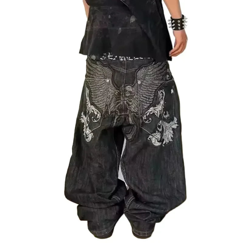 American Street Trend Letter Embroidered Loose Jeans Men Harajuku Y2K New Hip Hop Oversized Wide-leg Pants Unisex Mopping Jeans