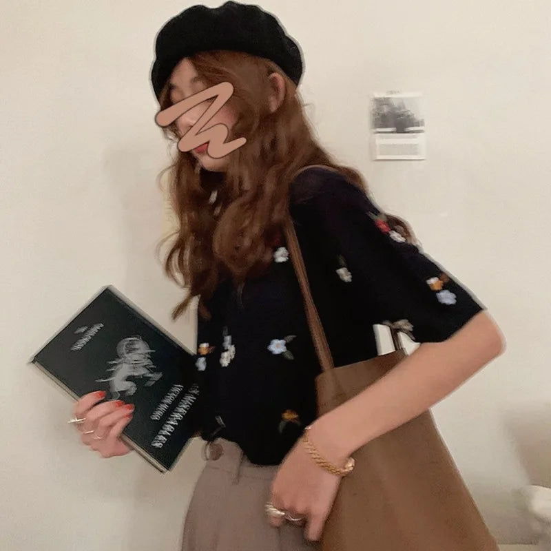 Trendy Ice Silk Knitted Top Women's Embroidery Short Sleeves Heavy Duty Crew Neck Top Niche Design Sensibility