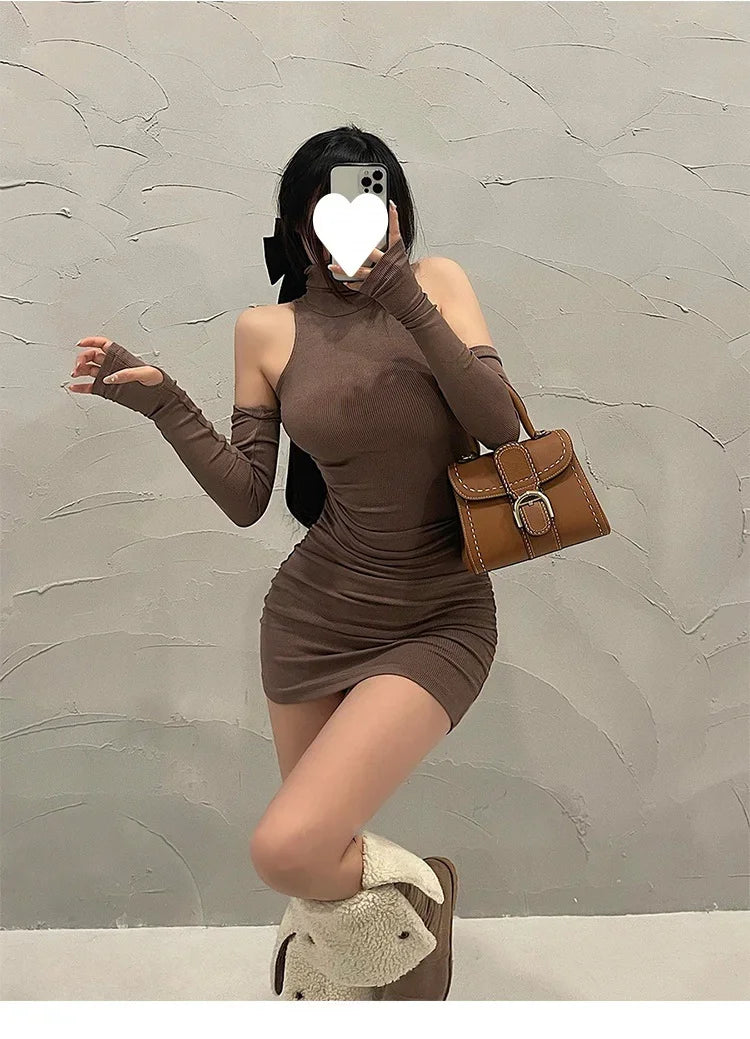 Spring Sexy High Collar Dress Spicy Sweet Tight Pure Desire Style Halter Wrap Hip Dress Women