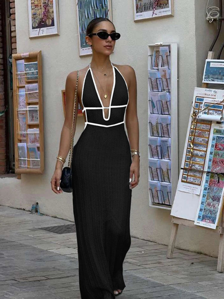 Weird Puss Sexy Elegant Halter Dress Women Summer Backless Lace-Up Color-Block Sleeveless Trendy Nightclub Wild Fashion Clothing