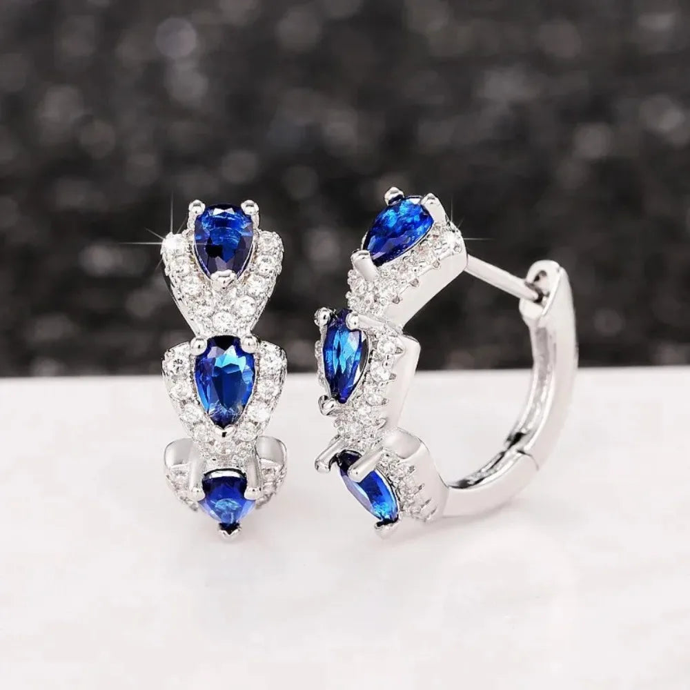 925 Sterling Silver Luxury Trendy Blue Cubic Zirconia Hoop Earrings Wedding Party Elegant Accessories for Women Jewelry Gift