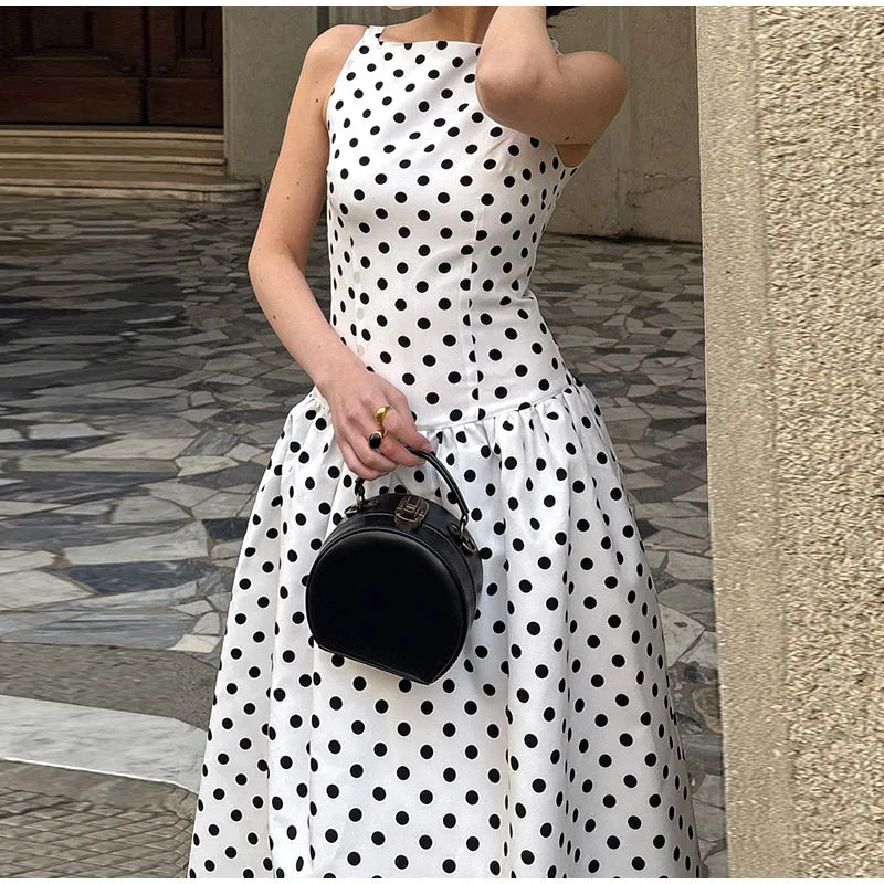 Elegant Women Polka Dot Maxi Dresses Chic Sleeveless Round Neck High Waist Slim Long Vestidos 2025 Lady Party Street New Dress