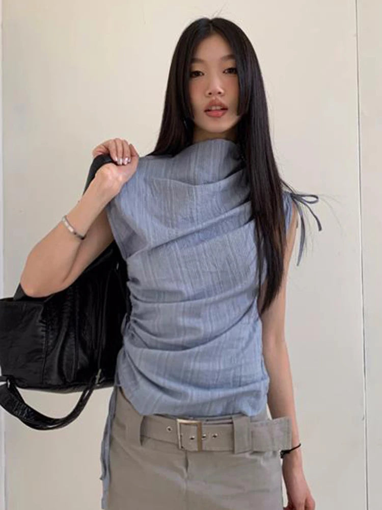 Zoki Streetwear Y2K Slim Tanks Women Shirring Vintage Casual Tops Summer Sleeveless Female Retro Half Turtleneck Harajuku Tanks