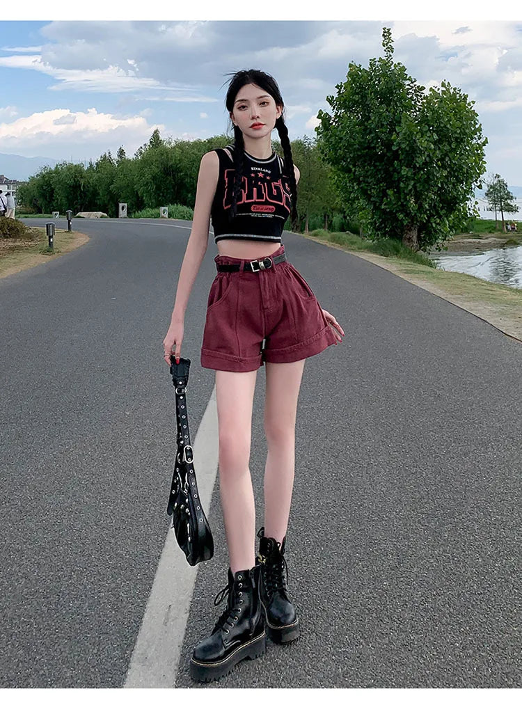 Women's Wine Red Denim Shorts High Waist Wide Shorts Harajuku Streetwear Korean Style Y2k Casual Blue A Line Jean Shorts Summer