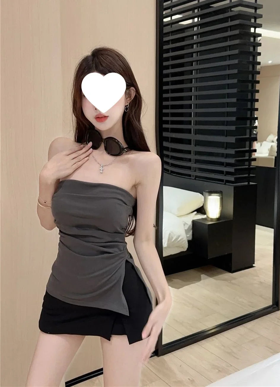 Sexy Open-Back Strapless Sleeveless T-Shirt Women's Spring Autumn Slimming Grey Top Cropped Outer Wear Base Wrap Chest