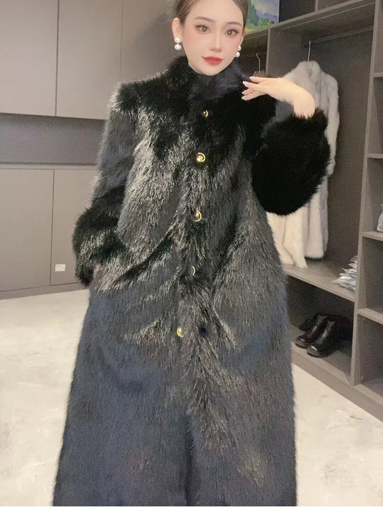 Lautaro Autumn Winter Long Thick Warm Hairy Soft Faux Fox Fur Coat Women Stand Collar Elegant Luxury Chic Fluffy Jacket 2024