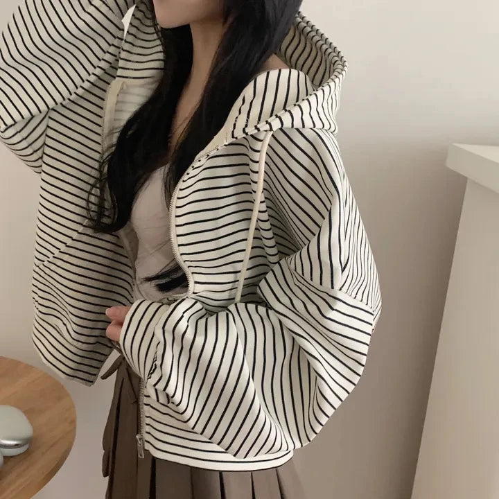 Spring 2025 Women's Chic Loose Casual Lazy Sle Striped Hooded Jaet with ket Open Cardigan Sweatirt Comfortable Fit