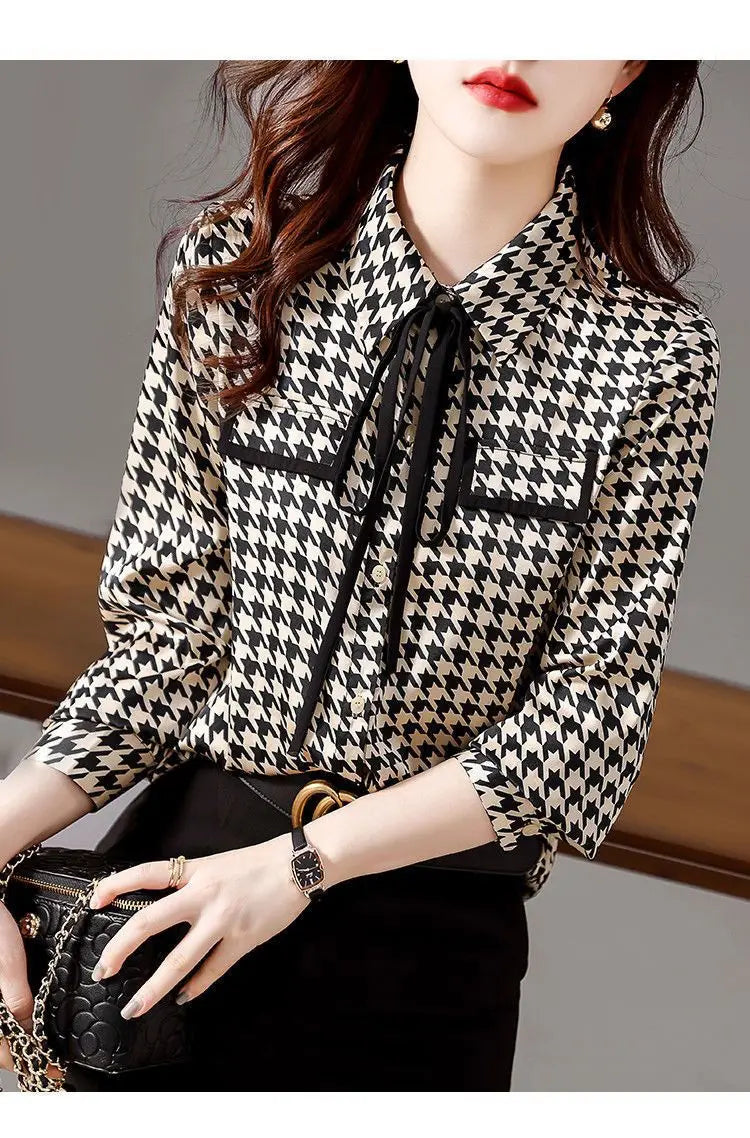 Spring Autumn Elegant Fashion Houndstooth Print Lace Up Shirt Ladies Long Sleeve Temperament All-match Blouse Femme Cardigan Top