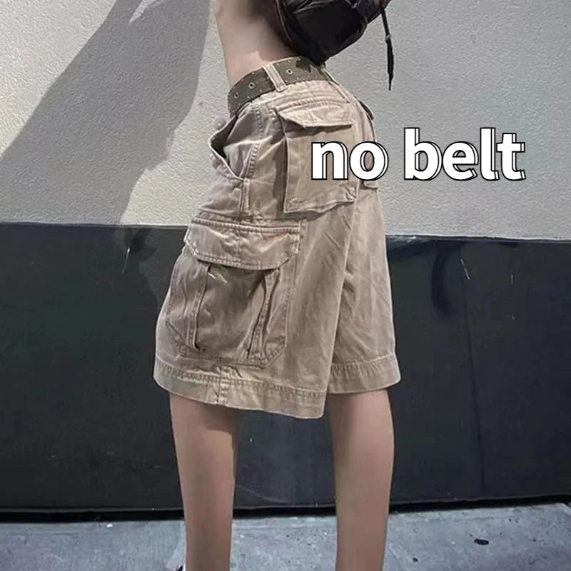 Cargo Knee-length Jeans Women Vintage Washed Streetwear Chic Unisex Fashion Summer Pockets BF Casual Baggy All-match Schoolgirls