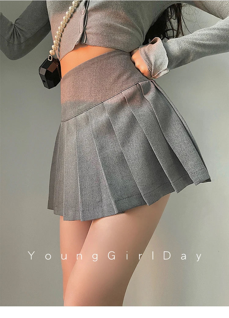 HOUZHOU Sexy Pleated Mini Skirt Women Fashion 2024 Grey Side Split High Waist A-line Slim Short Skirts Korean Y2K Skort Preppy