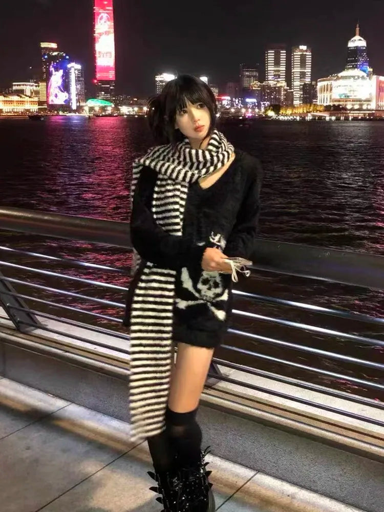 Karrram Gothic Skulls Sweater Grunge Dark Aesthetics Knitted Jumper V-neck Harajuku Loose Mohair Pullover Emo Alt Knitwear Y2k