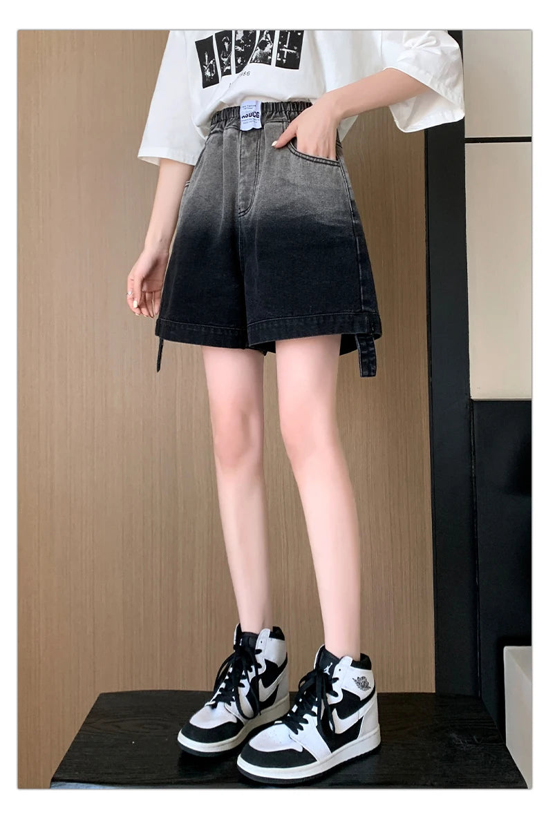 Gradient Plus Size Denim Shorts For Women Summer 2024 New High Elastic Waist Pockets Wide Leg Loose Jean Short Femme Hot Sale