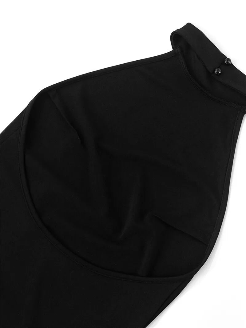 Mozision Patchwork Halter Backless Sexy Midi Dress Women Gown Elegant Fashion Contrast Color Sleeveless Pleated Long Dress