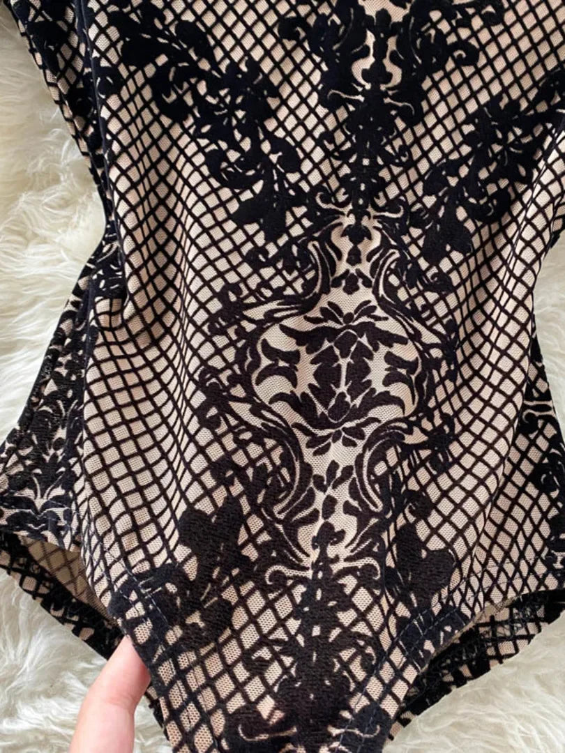 Autumn New Floral Print Bodysuit for Women Fashion Streetwear Elegant Stand Collar Long Sleeve Tight Fit Mesh Body Top Chic 2024