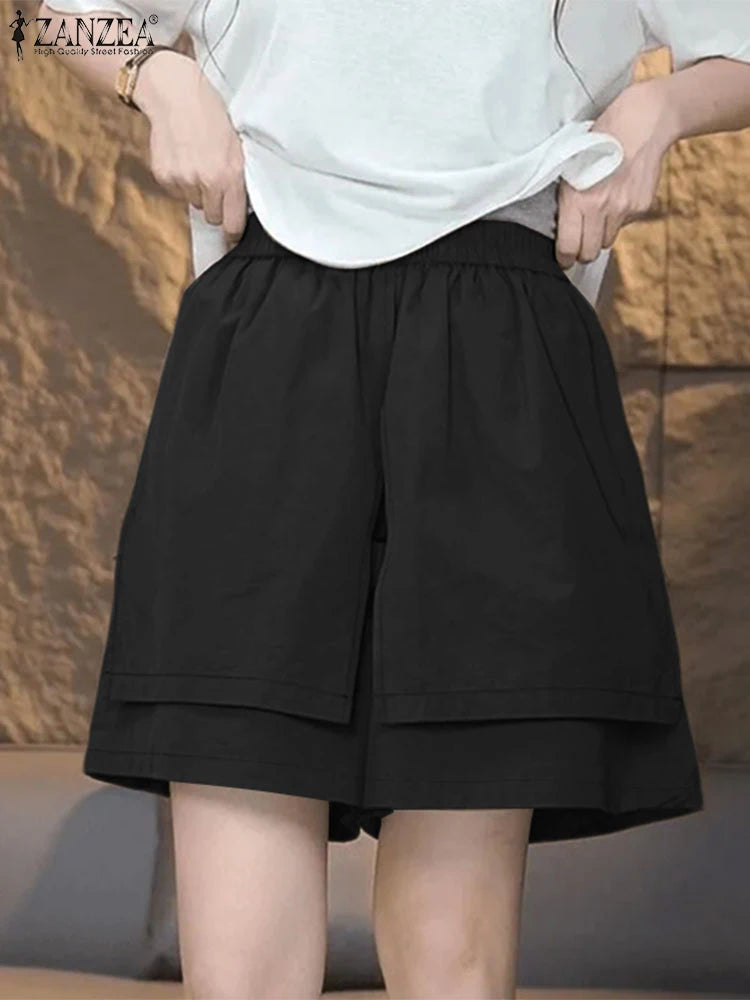 2025 ZANZEA Summer Shorts Women Fashion Casual Elastic Waist Trousers Vintage Holiday Beach Pant Solid Loose Pantalon Plus Size