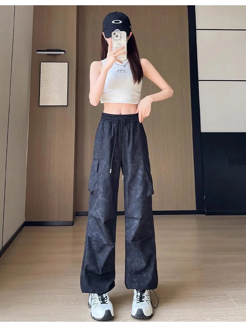 Zoki Tie Dye Streetwear Cargo Pant Women Vintage Loose High Waist Y2K Trousers Harajuku American Casual Summer Bf Wide Leg Pants