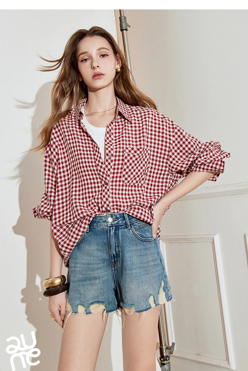 TOYOUTH Women Long Sleeve Blouse Shirt 2025 Spring New Cotton Plaid Retro Turn Down Collar Casual Shirt Tops