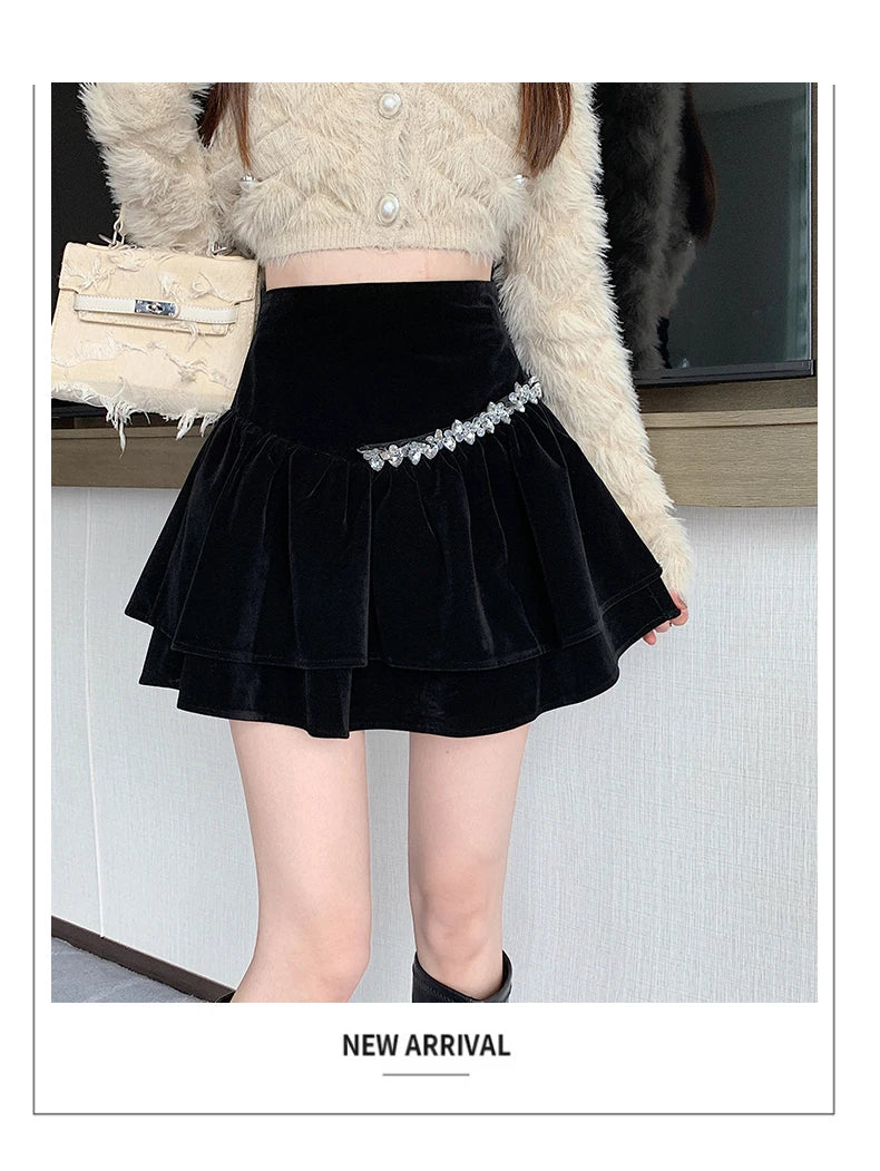 Bla Velvet Cake f Skirt Women's Autumn Winter High Waist A-Line Fluffy ort Skirt Small Size Pleated f Skirt