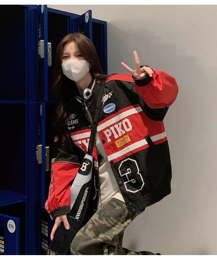 2023 Y2k Red White Bomber F1 Jacket Women Men Biker Racer Jacket Retro Hip Hop Grunge Clothes Trend Oversize Windbreaker Varsity
