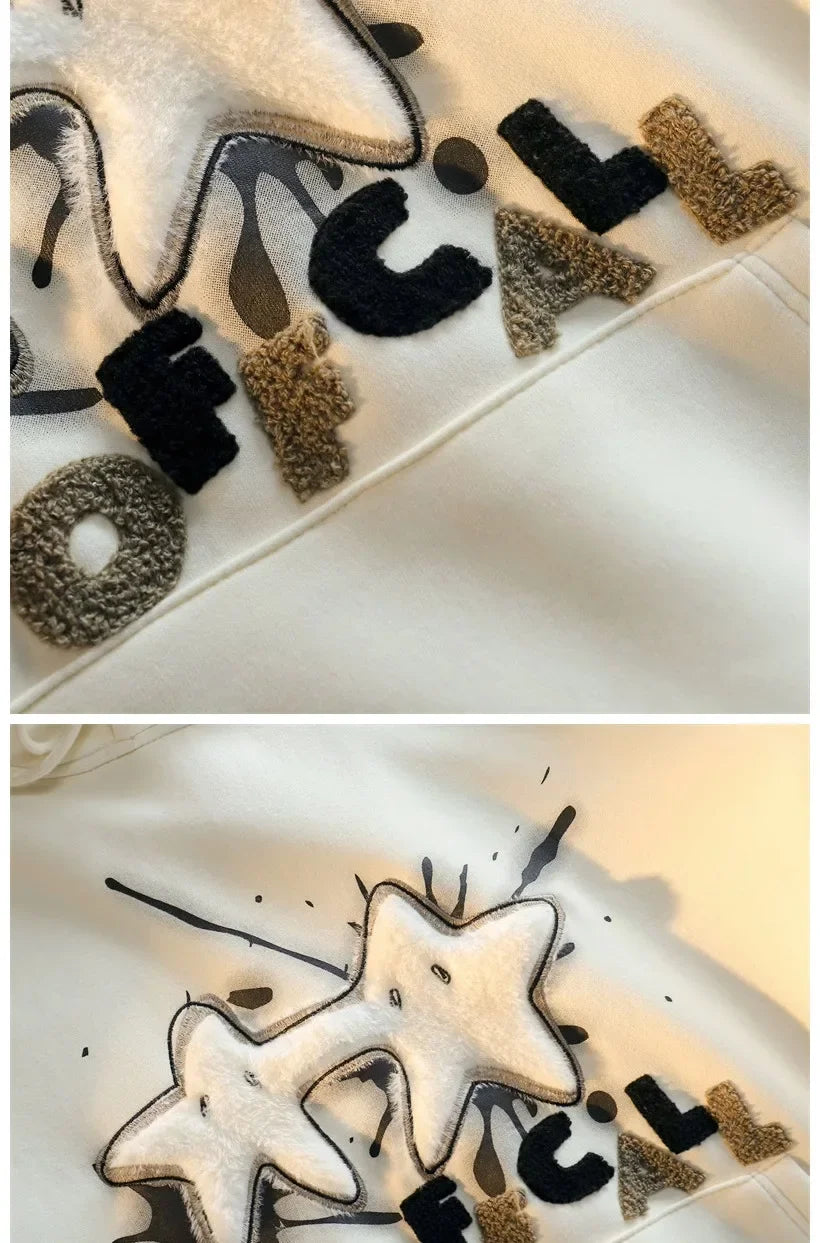 American Style Street Flocking Star Hooded Sweatshirt For Men Women Couple Loose Fit Oversize Spring Autumn Thin Jacket