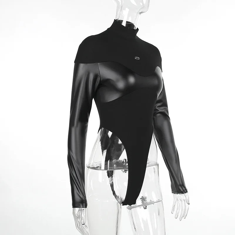 Long Sleeve Bodycon Lenceria Femenina Turtleneck Lingerie Sexy Body Feminino Black Tops Women PU Patchwork One-Pieces Bodysuit