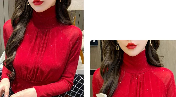 Sequin Long Sleeve T Shirt for Women Rhinestone Slim Plain Glitter Tops Woman Korean Popular Clothes With Sleeves Pulovers Kpop