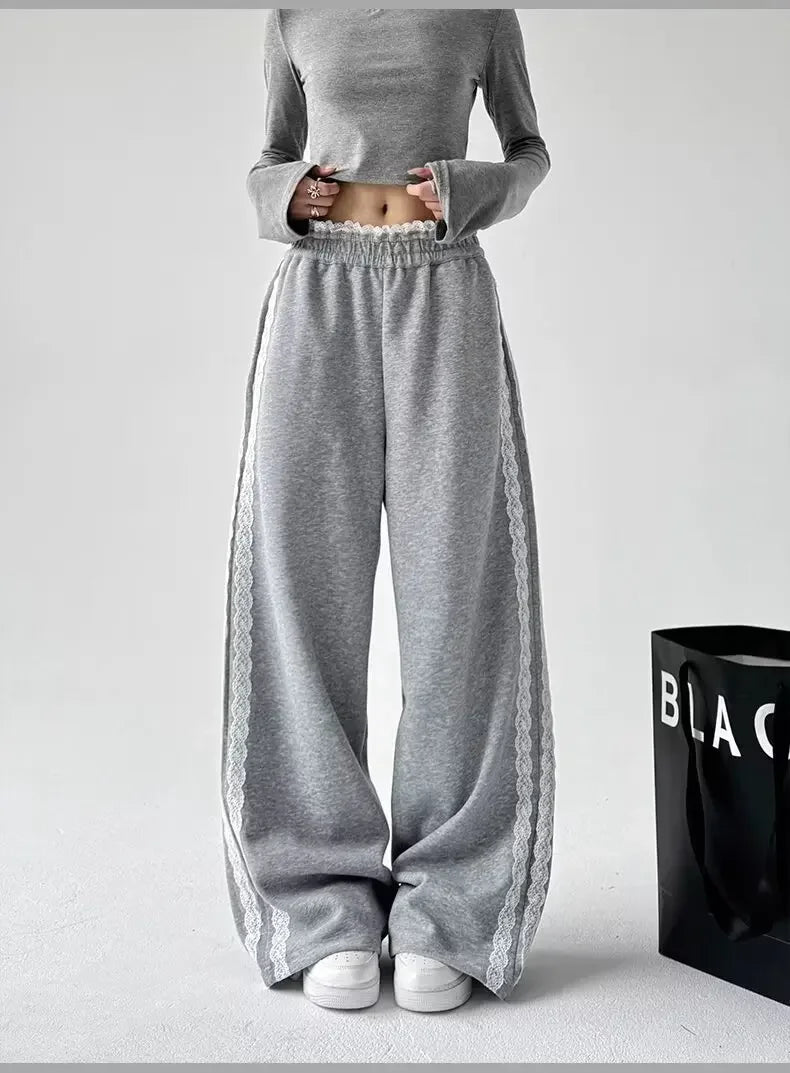 Trendy Casual Wide Leg Pants Women's Autumn Winter High Waist Splicing Lace Trim Drapey Slimming Sporty Trousers
