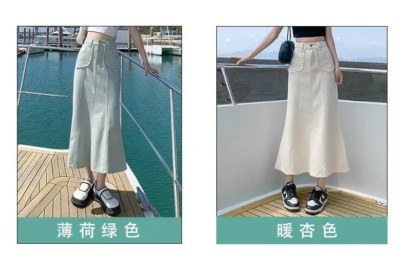 GUUZYUVIZ Denim Skirts Womens Summer Casual High Waisted Pocket Midi Skirt Ladies Korean Fashion Mermaid Skirt Female