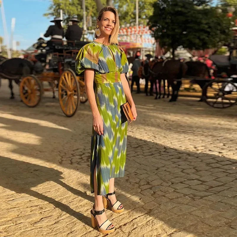 Fashion Backless Midi Dress For Women Summer Chic Print Short Puff Sleeves Split Long Dresses Female Holiday Beach Party Robe