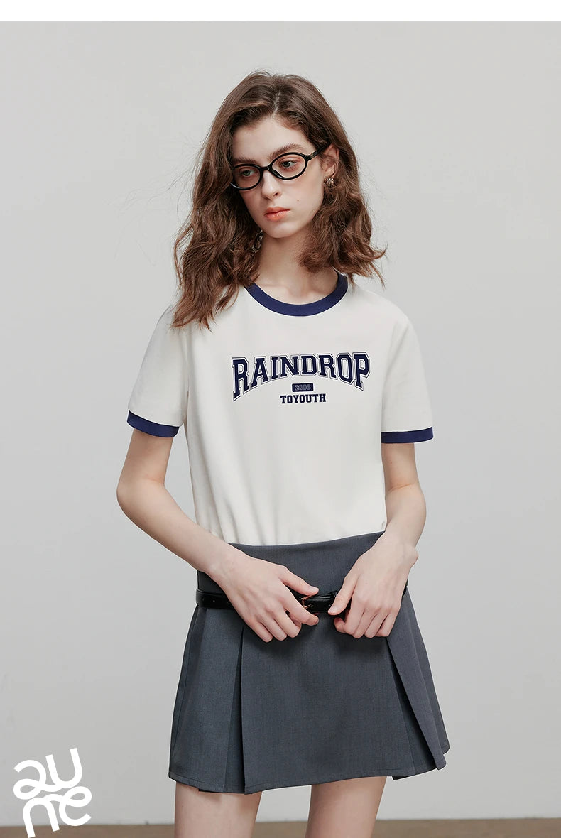 TOYOUTH Women Short Sleeve T shirt 2025 Summer New Color Blocked Letter American Style Antibacterial Cotton Tops GT5210004