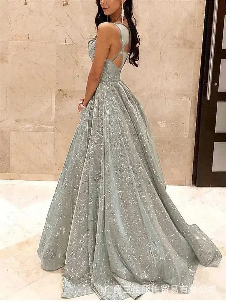 Sleeveless Backless High Waist Sequins Long Dress 2025 Summer Lace Up Elegant Evening Maxi Vestidos  Floor Length Wedding Dress