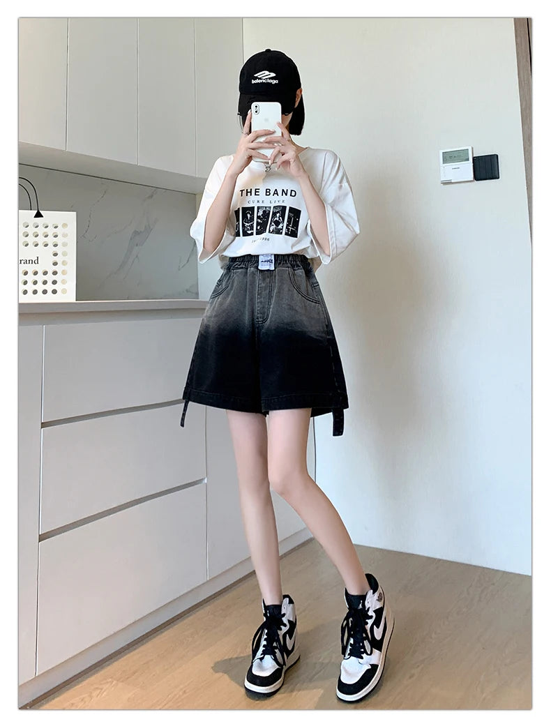 Gradient Plus Size Denim Shorts For Women Summer 2024 New High Elastic Waist Pockets Wide Leg Loose Jean Short Femme Hot Sale