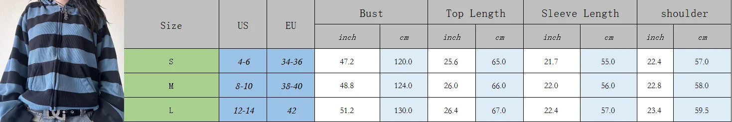 Combhasaki Women's Y2K Vintage Zip-up Loose Fit Sweatshirts Coat Aesthetic Striped Oversized Grunge Hooded Jacket with Pockets