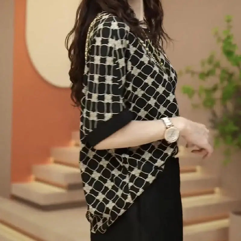 Vintage Fashion Summer Women's O-Neck Printing Screw Thread Patchwork Batwing Sleeve Temperament Versatile Loose T-Shirts Tops