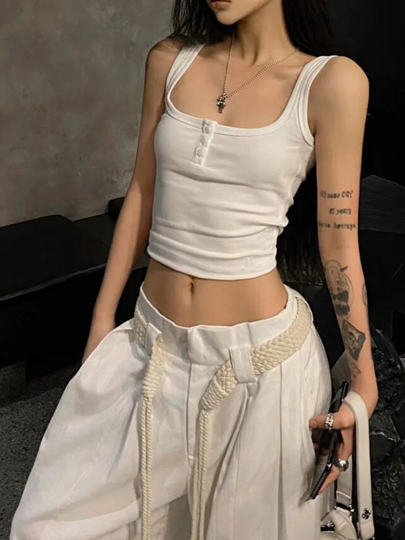 Y2K Casual Wide Leg Pants Women American High Street Fashion Sweatpants White Loose All Match Pleated Trousers Female New