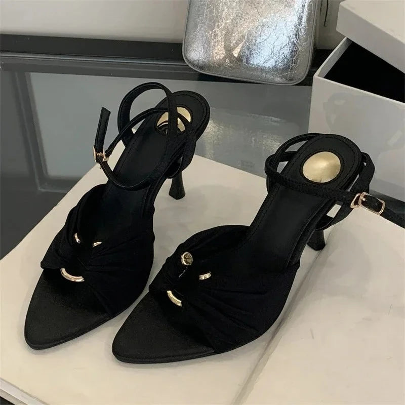 Aneikeh Summer Pointed Toe Thin High Heels Fashion Pleated Metal Buckle Strap Women Sandals Banquet Party Female Mules Shoes