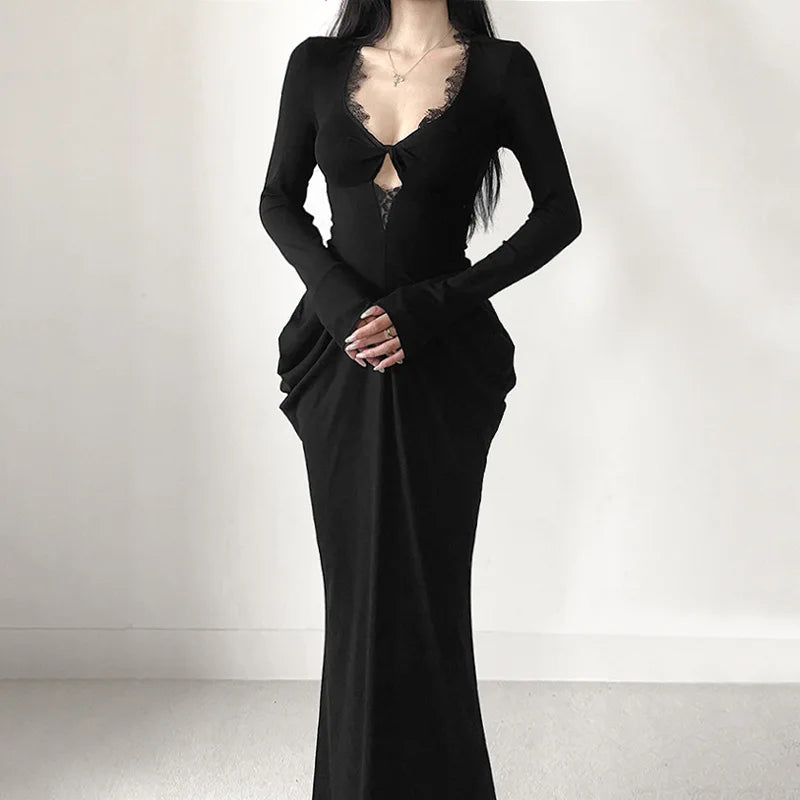 AltGoth Fairycore Grunge Elegant Midi Dress Women Mall Gothic Sexy Lace Patchwork Hollow Out Long Sleeve High Waist Corset Dress