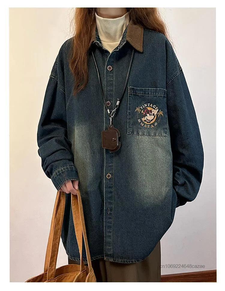 Disney Mickey Mouse American Vintage Print Denim Shirt Fashion Long Sleeve Women's Thin Jacket Spring New Trend Versatile Jacket