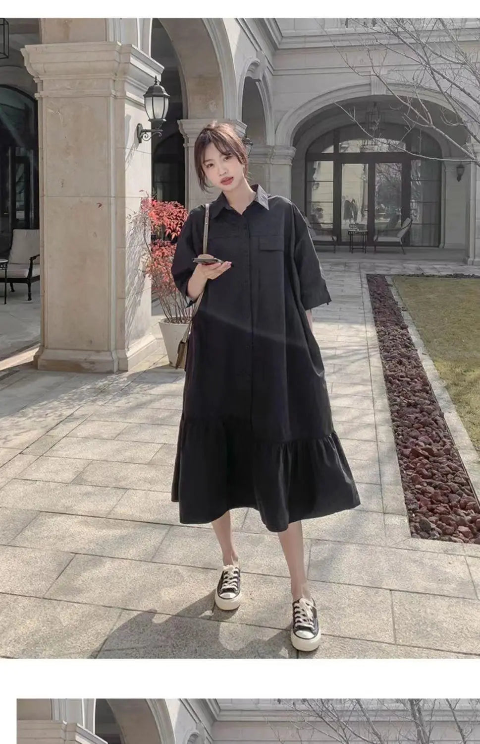 plus Size Khaki Shirt Dress Women Casual Summer Loose Fit High Waist A-Line Skirt Long Sleeve Polo Collar Polyester Fiber