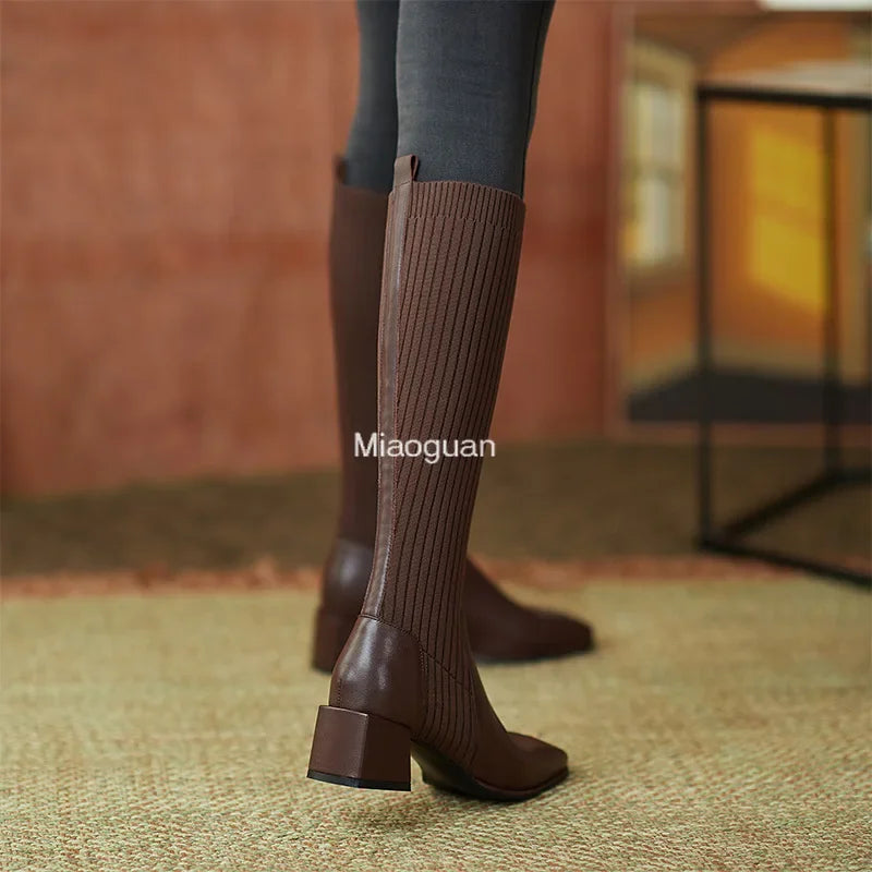 Women's Knee High Boots Luxury Knitted Leather Brown Black Block Heels Warm Classic Elastic Long Boot Winter Shoes Large Size 40