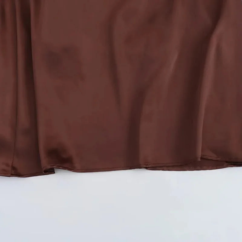 TRAF Halter Satin Long Dress Women Tied Backless Brown Midi Dress Summer Off Shoulder Party Dresses Pleated Evening Dress