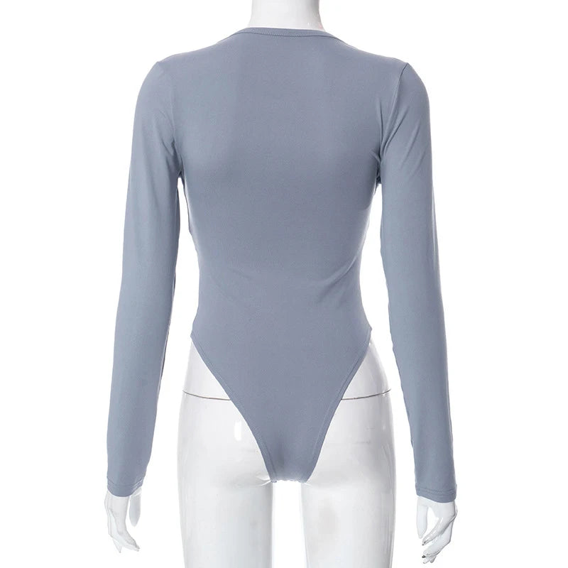 Autumn 2025 New Full Sleeves Hollow School Bags Buckle False Two Pieces Skinny Bodysuit Women Stylish Casual Versatile