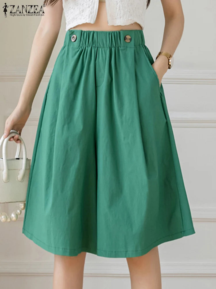 ZANZEA Women Shorts Fashion High Waist Wide Leg Pants 2025 Summer Elastic Waist Pantalons Casual Solid Pockets Vintage Shorts