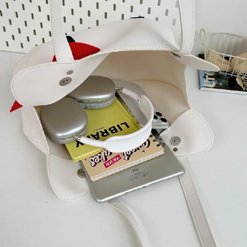 Sanrio Hello Kitty Shoulder Bags Cute Cartoon Bow Large Capacity PU Handbag Y2k Fashion Student Commuting Tote Bag for Girl Gift