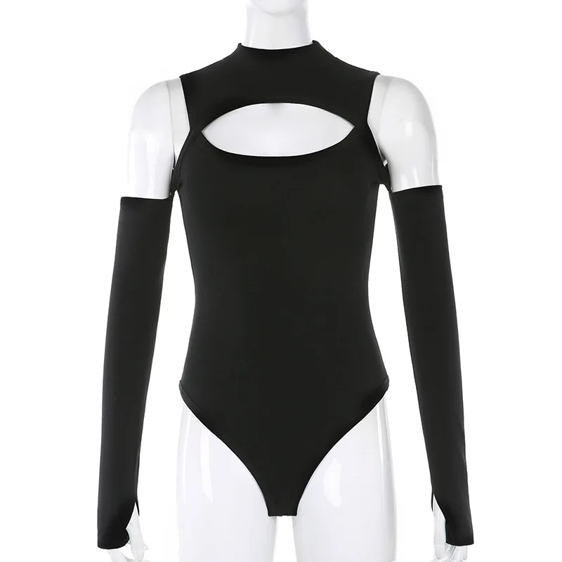 High Fashion Women’s Long-sleeved Bodysuit Solid Color Hollow Off-shoulder Half High Collar Jumpsuit